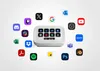 A white Elgato Stream Deck Neo device is shown in the center, surrounded by various app icons. Náhled obrázku produktu