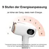A close-up product shot of a white and gold IPL hair removal device with a diagram showing energy levels. Produktbild-Vorschau