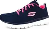 A side view of a single navy blue Skechers sneaker with pink laces and accents. Voir les images du produit