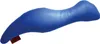 A blue pillow with a unique ergonomic shape, designed for side sleepers. A small red tag is visible on the left end of the pillow. Produktbild-Vorschau