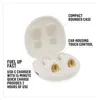 An open charging case with two white wireless earbuds inside, with text overlays describing features. Podgląd zdjęcia produktu
