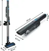 A cordless vacuum cleaner is shown in two configurations: fully assembled and as a handheld unit. Dimensions are indicated with lines and text. Produktbild-Vorschau