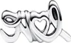 A silver charm with the word "love" written in script, featuring a heart shape cut out of the "o". Voir les images du produit