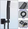 A collage of images showing a black shower head and its components, with German text describing features. Produktbild-Vorschau