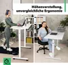 Two women are shown using height-adjustable desks in different scenarios: one exercising on a treadmill while working, and the other sitting and talking on the phone. Produktbild-Vorschau