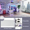 A loft bed with a desk and shelves, set up in a modern room with a city view. Produktbild-Vorschau