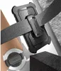 A black phone case with a belt clip attached to a belt, shown on a person's waist. A circular graphic with arrows indicates rotation. Produktbild-Vorschau