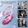 A collage of images showing a pink magnetic ring holder for a phone, with examples of its use on a refrigerator, an iron pillar, and fitness equipment. Produktbild-Vorschau