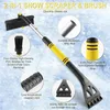 A snow scraper and brush with various features highlighted by callout circles and text. Voir les images du produit