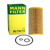 A product shot of a MANN-FILTER oil filter and its packaging, along with a set of O-rings. Produktbild-Vorschau
