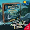 A board game box and cards are displayed in a dark, atmospheric setting with a waterfall and mountains in the background. Náhľad obrázku produktu