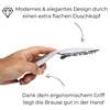 A hand holding a modern, flat shower head with text describing its design and ergonomic grip. Produktbild-Vorschau