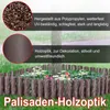 A garden border made of brown plastic with a wood-like texture, surrounding a flower bed with daisies and other small flowers. Rain is depicted falling. Produktbild-Vorschau