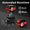A product image showing two cordless batteries and a charger for a leaf blower, with text highlighting features like extended runtime. Anteprima dell’immagine prodotto