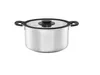 A stainless steel pot with a glass lid and black handles, isolated on a white background. Produktbild-Vorschau