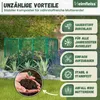 A green metal compost bin in a garden setting, with informational overlays on the right side. Produktbild-Vorschau