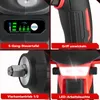 A collage of four close-up images showcasing different features of a red and black power tool. Voir les images du produit