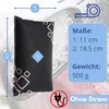 A black dehumidifier bag with a blue diamond pattern is shown with measurement indicators and text describing its dimensions and weight. Produktbild-Vorschau
