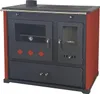 A freestanding wood-burning stove with a black body and red side panels, featuring a glass oven door and a cast iron cooktop. Produktbild-Vorschau