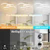 A collage of images showing a modern ceiling light with adjustable color temperature and brightness, along with examples of its use in a living room and laundry room. Podgląd zdjęcia produktu