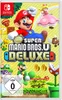 The image is a product packaging for the Nintendo Switch game 'New Super Mario Bros. U Deluxe'. It features various characters from the Mario franchise, including Mario, Luigi, Peach, and Yoshi, along with game elements like coins and question mark blocks, Produktbild-Vorschau
