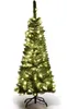 A green artificial Christmas tree with warm white LED lights, standing on a black metal stand against a white background. Voir les images du produit