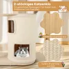 A close-up view of a cat tree with a cat inside one of the cubbies, featuring text overlays highlighting product features. Podgląd zdjęcia produktu