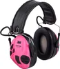 A pair of pink and black earmuffs on a white background. Voir les images du produit