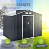 A dark gray metal shed is shown in three different weather conditions: snowy, rainy, and sunny. Icons and text highlight its features. Produktbild-Vorschau