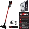 A collage of images showing a cordless vacuum cleaner, its dustbin, charging adapter, and a crevice tool, along with marketing text highlighting product features. Produktbild-Vorschau