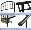 A collage of four images showcasing different features of a black metal bed frame. Podgląd zdjęcia produktu