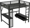 A product shot of a black metal loft bed with a desk and drawers underneath. Produktbild-Vorschau