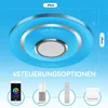 A blue LED ceiling light with a speaker in the center, shown with its dimensions and four control options: a smartphone app, a smart speaker, a remote control, and a light switch. Produktbild-Vorschau