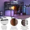 A loft bed with a desk, shelves, and a small closet, set up in a room with ambient lighting. Náhled obrázku produktu