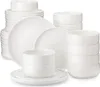 A collection of white ceramic plates and bowls are stacked and arranged on a white background. Náhled obrázku produktu