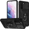 Multiple views of a black smartphone case with a sliding camera cover and ring holder. Produktbild-Vorschau