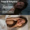 A split image showing a woman sleeping peacefully in bed, with a graphic overlay detailing timer and schedule settings for smart lighting. Produktbild-Vorschau