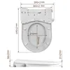 A top-down and side view diagram of a toilet seat with dimensions indicated. Produktbild-Vorschau