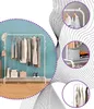 A collage of images showcasing a white metal garment rack with clothes and accessories, set against a light blue wall and a wooden floor. Náhled obrázku produktu