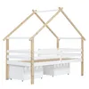 A white and wood-colored children's house bed with two drawers underneath, shown from the side against a white background. Voir les images du produit