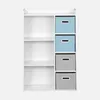A white shelving unit with blue and gray storage boxes. Produktbild-Vorschau
