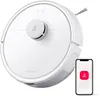 A white robot vacuum cleaner is shown next to a smartphone displaying its app. Produktbild-Vorschau