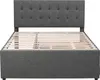 A grey upholstered bed frame with a slatted base, shown from the front. Náhled obrázku produktu