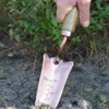 A hand holding a copper trowel digging into soil next to green plants. Náhled obrázku produktu
