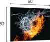 A dynamic image showing water splashing and fire flames interacting, possibly representing a protective glass plate for a stove. Produktbild-Vorschau
