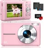 A pink digital camera is shown from the front and back, along with accessories like batteries and a memory card. Produktbild-Vorschau