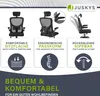 A marketing image showcasing an ergonomic office chair with feature callouts. Podgląd zdjęcia produktu