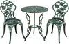 A three-piece outdoor furniture set consisting of a round table and two chairs, all made of cast aluminum with a rose pattern, displayed against a white background. Podgląd zdjęcia produktu