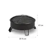 A black fire pit with a grill grate and a removable spark screen, shown on a white background with dimensions indicated. Produktbild-Vorschau