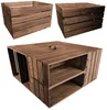 Three wooden crates are displayed against a white background. One crate is shown from the side, another from the top, and a third is assembled into a table-like structure with shelves. Produktbild-Vorschau